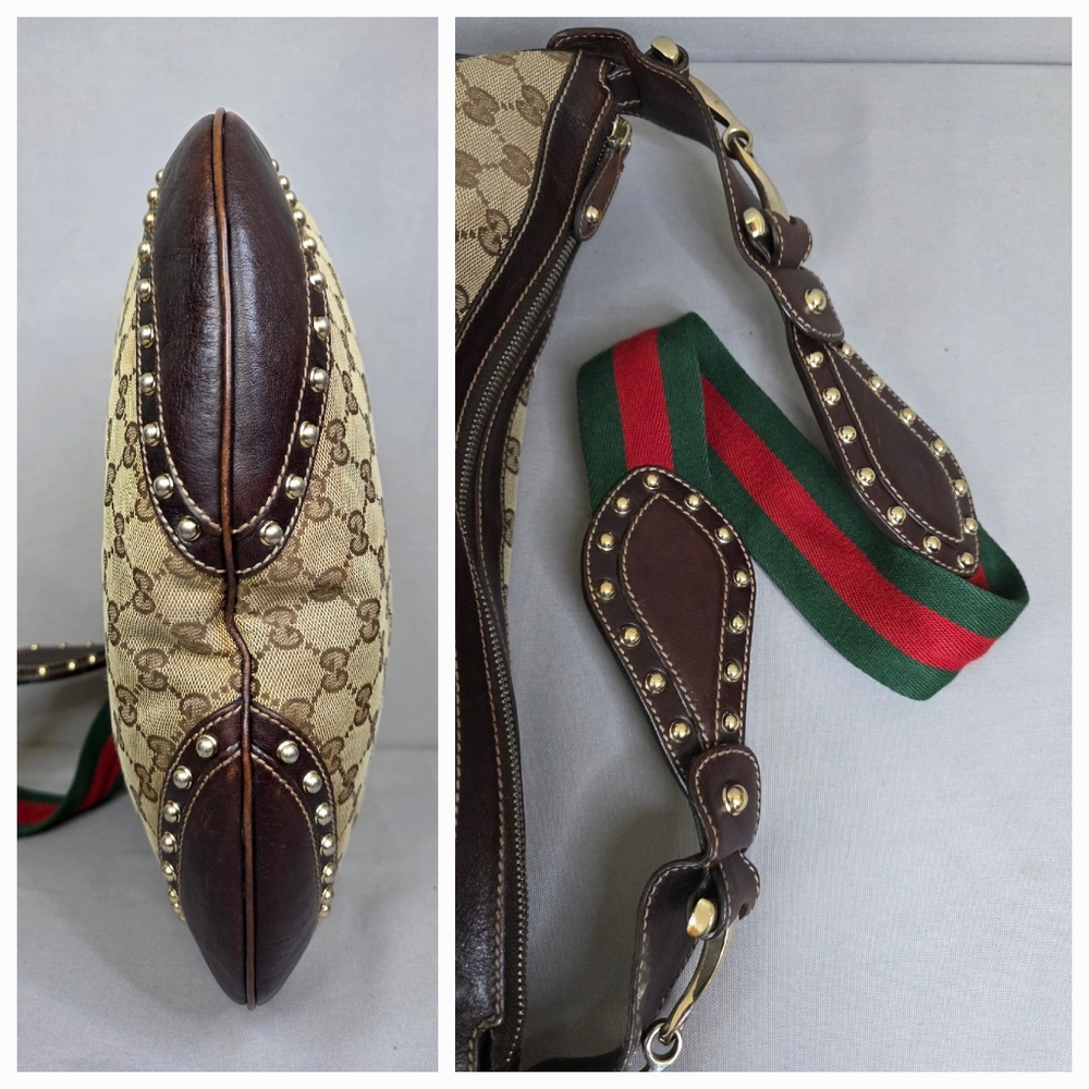 Gucci Beige GG Canvas Shoulder Bag with Brown Leather & Green-Red Web Strap - Picture 13 of 16
